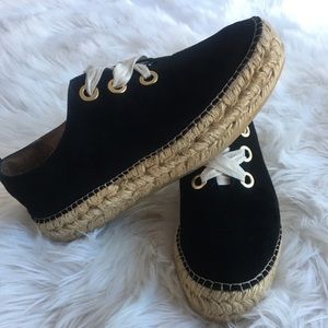 Eric Michael black suede ‘Zoya’ espadrilles.